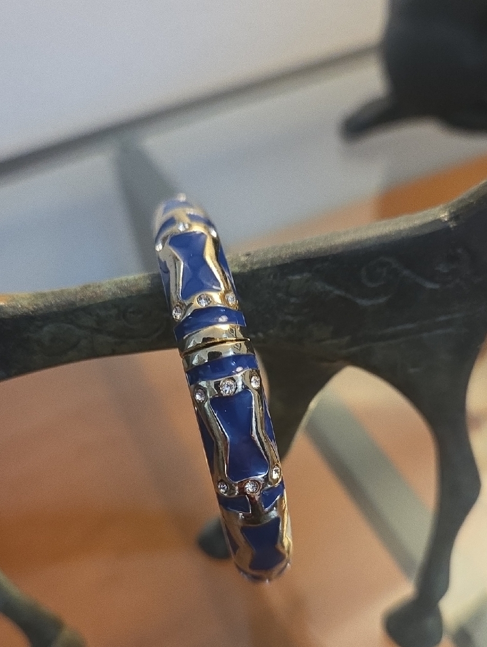 Elegant Blue Enamel Cloisonné Gold-Tone Bangle with Clear Crystals By SEQUIN